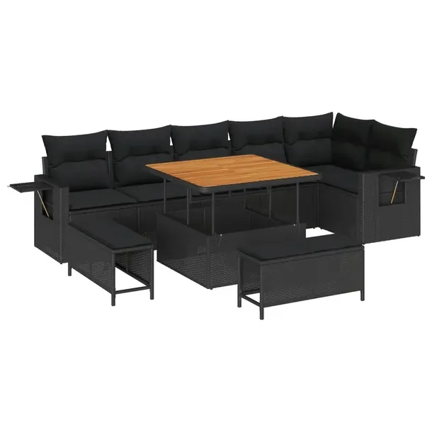 Zestaw Modułowej Sofy Ogrodowej z Poduszkami, Rattan, Czarny