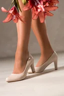 Czółenka - Beżowe czółenka damskie Sergio Leone na słupku skórzana wkładka złota blaszka na cholewce 8540 - miniaturka - grafika 1