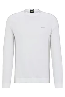 Swetry męskie - BOSS Rinos sweter męski z mieszanki bawełny z logo w paski, biały, M - grafika 1