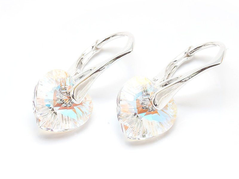 Srebrne Kolczyki 925 Z Kryształami Swarovski Serca 10Mm Crystal Blue Ab