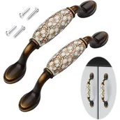 Zawiasy, okucia i inne akcesoria - 2 sztuki zabytkowych ceramicznych uchwytów meblowych, uchwyty do szuflad ze stopu cynku, ze śrubami, rozstaw otworów 96 mm - miniaturka - grafika 1