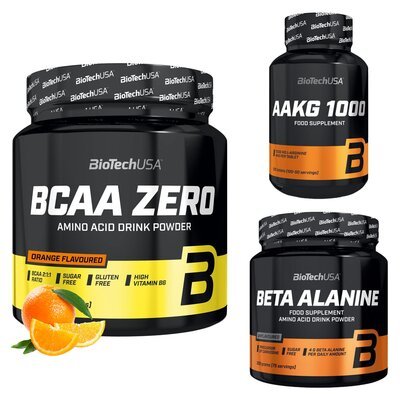 Aminokwasy Beta-alanina BIOTECH (300 g) + Przedtreningówka BIOTECH AAKG 1000 (100 tabletek) + Aminokwasy BCAA BIOTECH Zero Pomarańczowy (360 g)