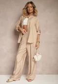 Komplety damskie - Beżowy Wiskozowy Komplet o Luźnym Kroju z Koszulą i Spodniami Sesorilia - miniaturka - grafika 1