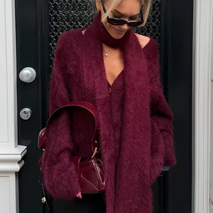TEMU Elegancki Sweter Damski - Miękki Kardigan z Długim Rozciągiem na Jesień i , Czerwony Przytulny ze Szalikem Ideał do Biura & Na Randkowy Wypad - Swetry damskie - miniaturka - grafika 1