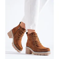 Botki damskie - Goodin Wiązane botki zamszowe na słupku camel Shelovet brązowe - miniaturka - grafika 1