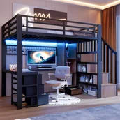 Łóżka dla dzieci i młodzieży - Łóżko piętrowe 90 x 200 cm z biurkiem, szafą i 4 szufladami - Metal + MDF - Diody LED - dla dzieci - Czarne (Materac nie jest wliczony w cenę) - miniaturka - grafika 1