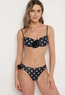 Stroje kąpielowe - Czarne Bikini w Kropki Biustonosz i Majtki Figi z Kwiatowymi Aplikacjami Moritia - miniaturka - grafika 1