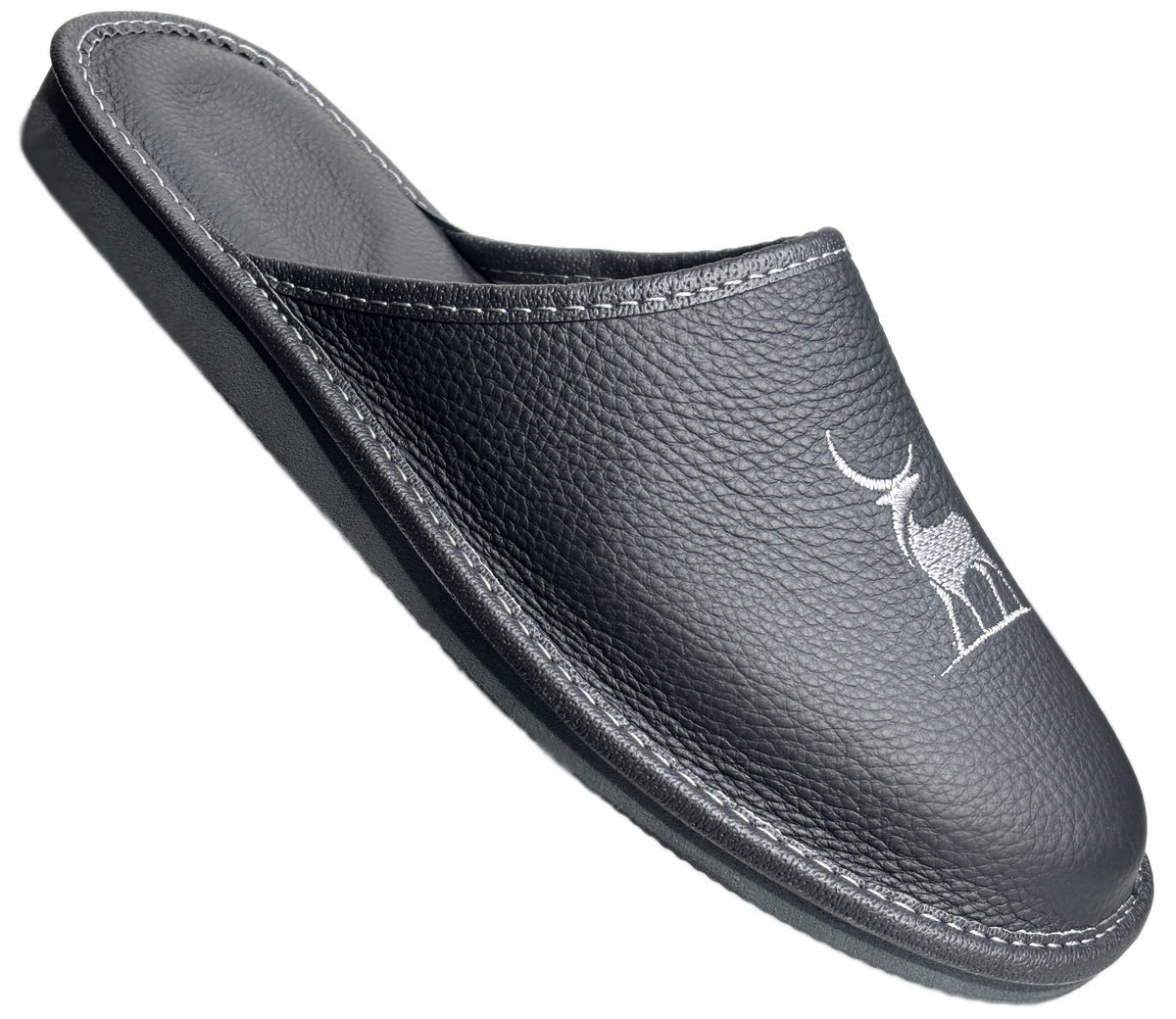 Kapcie Męskie Skórzane Premium Pantofle Klapki PIOMAT Czarne Haft Domowe Laczki Ciapy 46 (40-46)