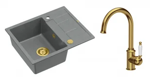Quadron Unique Zlewozmywak granitowy jednokomorowy 62*50*22 cm z ociekaczem MORGAN 116 SILVER STONE z syfonem Push-2-Open w kolorze złotym z baterią RACHEL kolor złoty - Zlewozmywaki z baterią - miniaturka - grafika 1