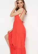Sukienki - Czerwona Rozkloszowana Sukienka na Ramiączkach Zawiązywana z Tyłu z Elastyczną Gumką w Talii Grililena - miniaturka - grafika 1
