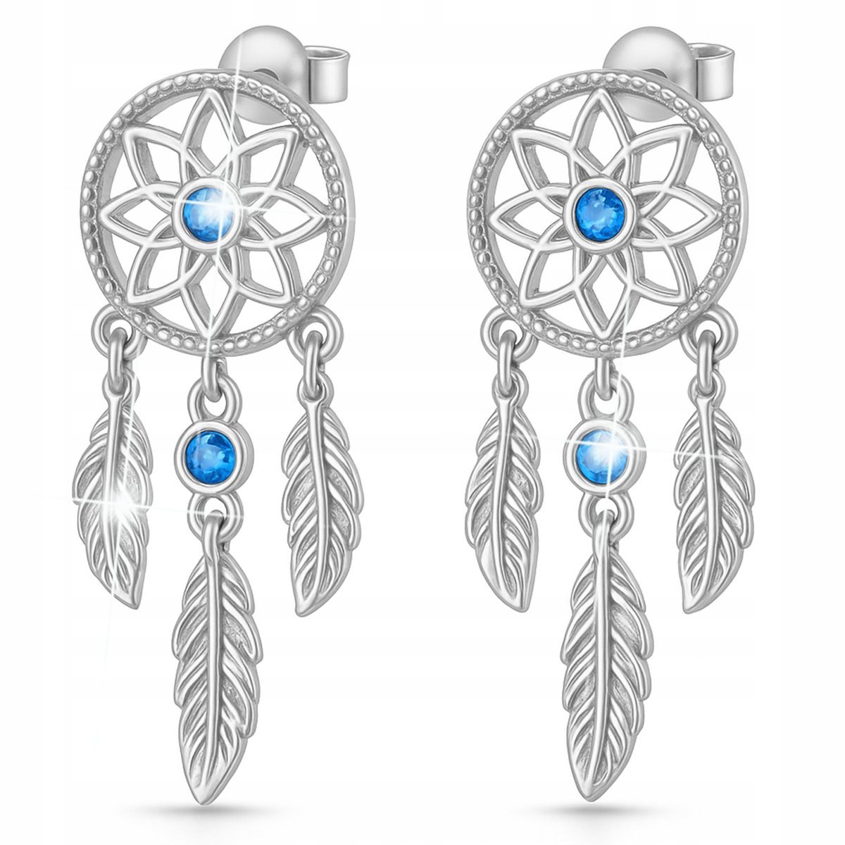 Kolczyki Srebrne Łapacz Snów Kółka Pióra z Niebieskim Oczkiem SREBRO 925