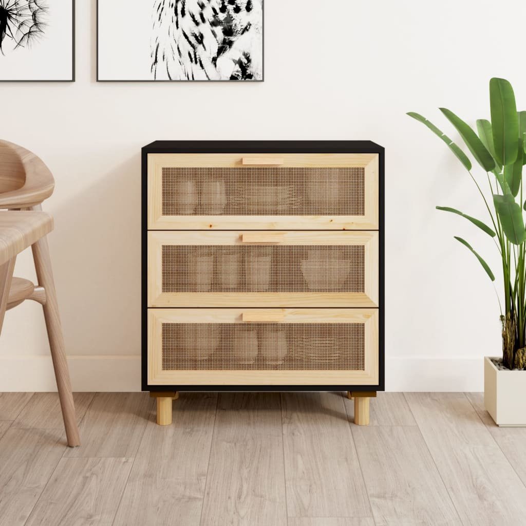 vidaXL vidaXL Komoda, czarna, 60x30x70 cm, lita sosna i naturalny rattan