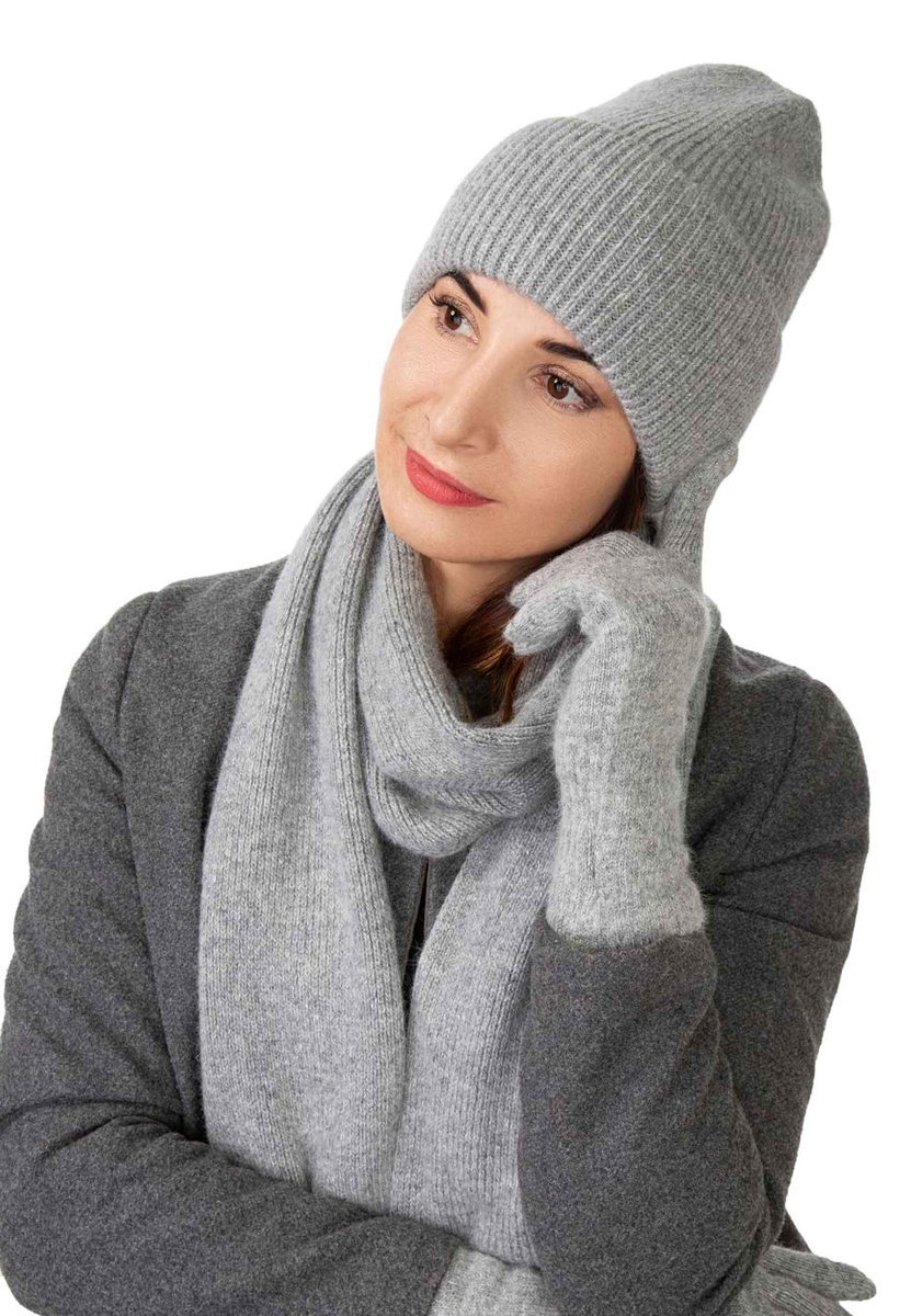 Komplet damski czapka szal rękawiczki szary