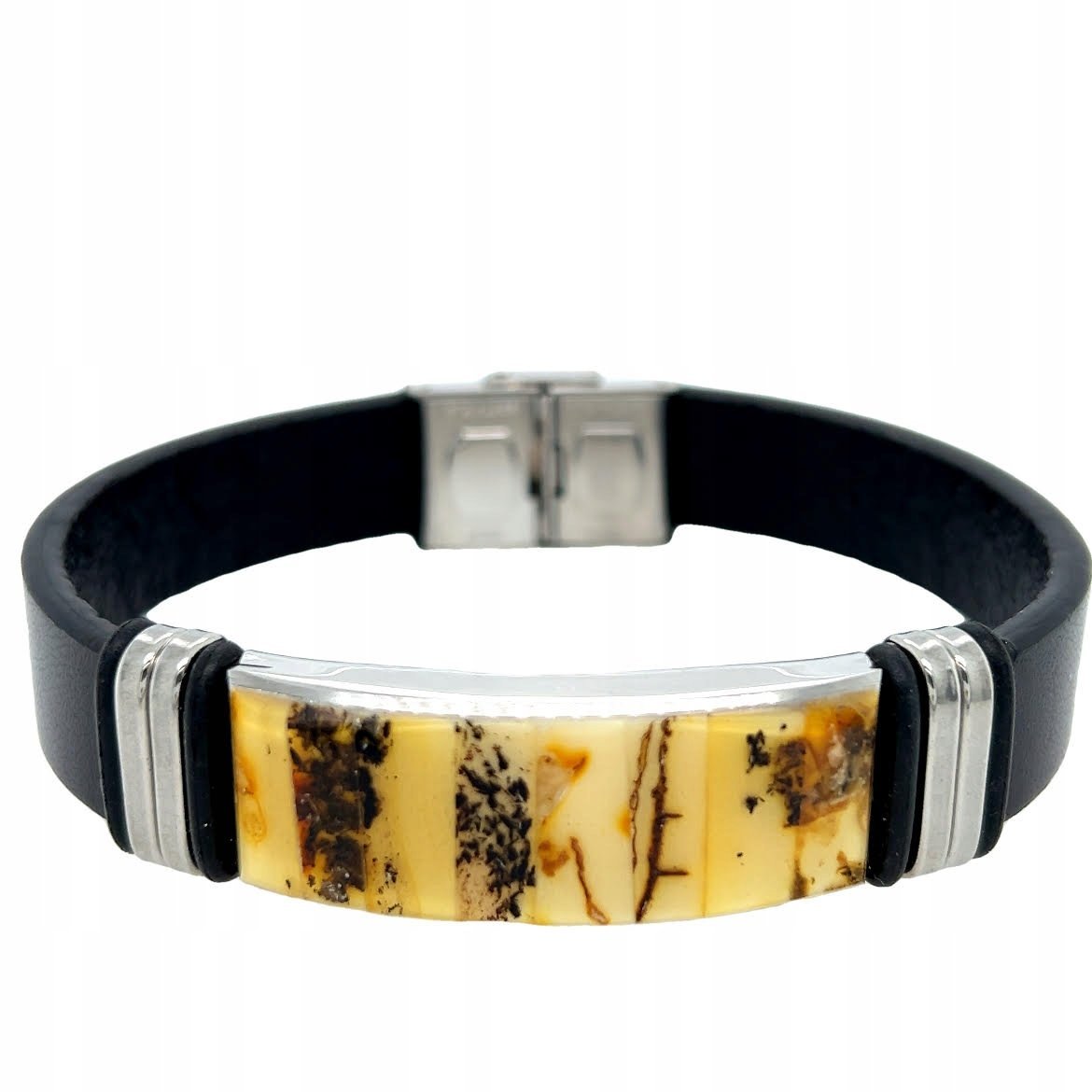 BRANSOLETA męska BURSZTYN SKÓRA STAL MLECZNA elegancka