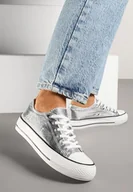 Trampki damskie - Srebrne Trampki pod Kostkę Ozdobione Napisem i Brokatem Terlevia - Born2be - miniaturka - grafika 1