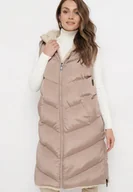 Kamizelki damskie - Ciemnobeżowa Długa Kamizelka Dwustronna z Pikowaniem i Futerkiem Caltu - miniaturka - grafika 1