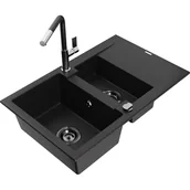 Zlewozmywaki z baterią - Mexen Gaspar zlewozmywak granitowy 1,5-komorowy z ociekaczem i baterią kuchenną Flora, czarny - miniaturka - grafika 1