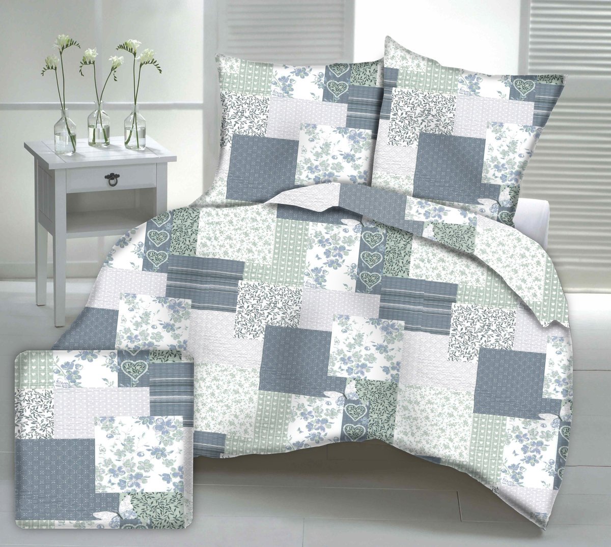 Pościel satyna korowana 160x200 szałwiowa niebieska patchwork serca motyle kwiaty