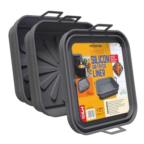 PORTENTUM Silikonowa frytkownica powietrzna w kształcie kwadratu 22,5 cm – zestaw 3 składanych pojemników Air Fryer wielokrotnego użytku – LFGB i BPA Free – akcesoria do frytkownicy