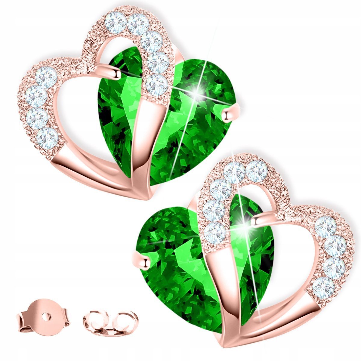 Kolczyki Pozłacane z Zielonym Sercem Zielone Serca z Cyrkoniami SREBRO 925