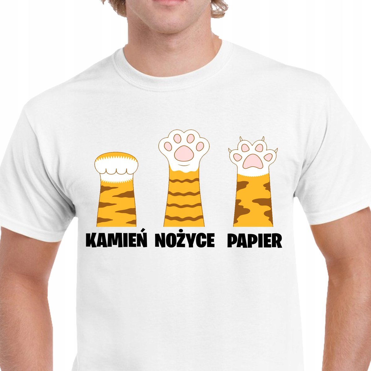 P338 KOSZULKA MĘSKA BAWEŁNA Śmieszna Kot Kamień Papier Nożyce Jakość L