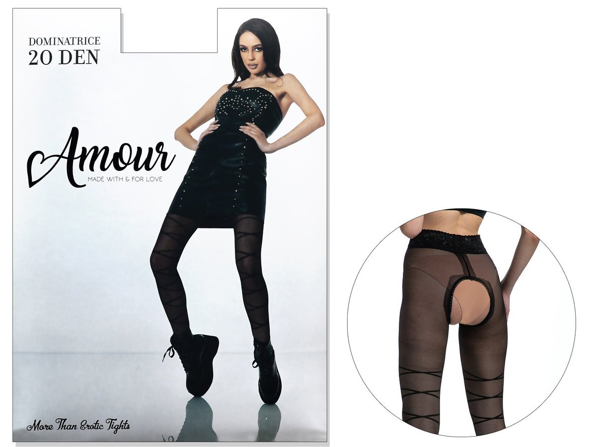 Rajstopy wzorzyste koronka w pasie dziurka w kroku DOMINATRICE 1-2 Black