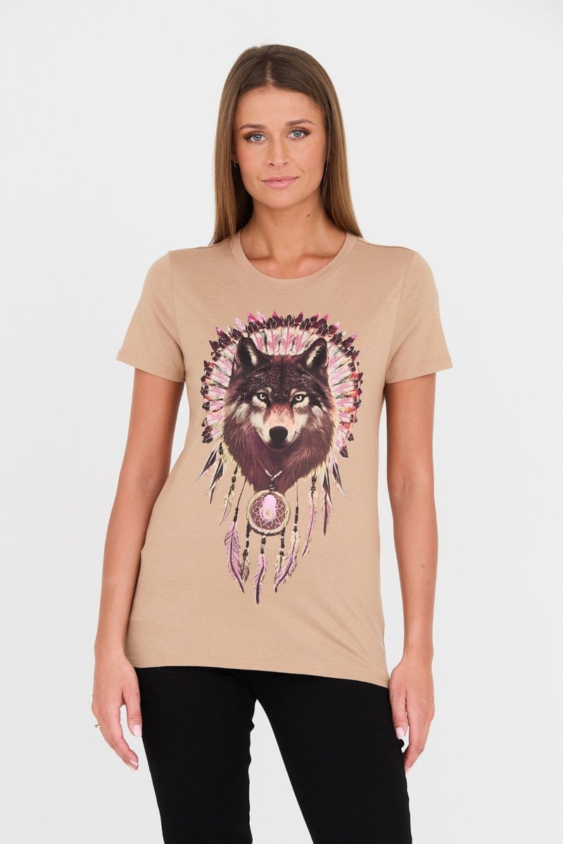 GUESS Brązowy damski t-shirt bawełniany z wilkiem XS