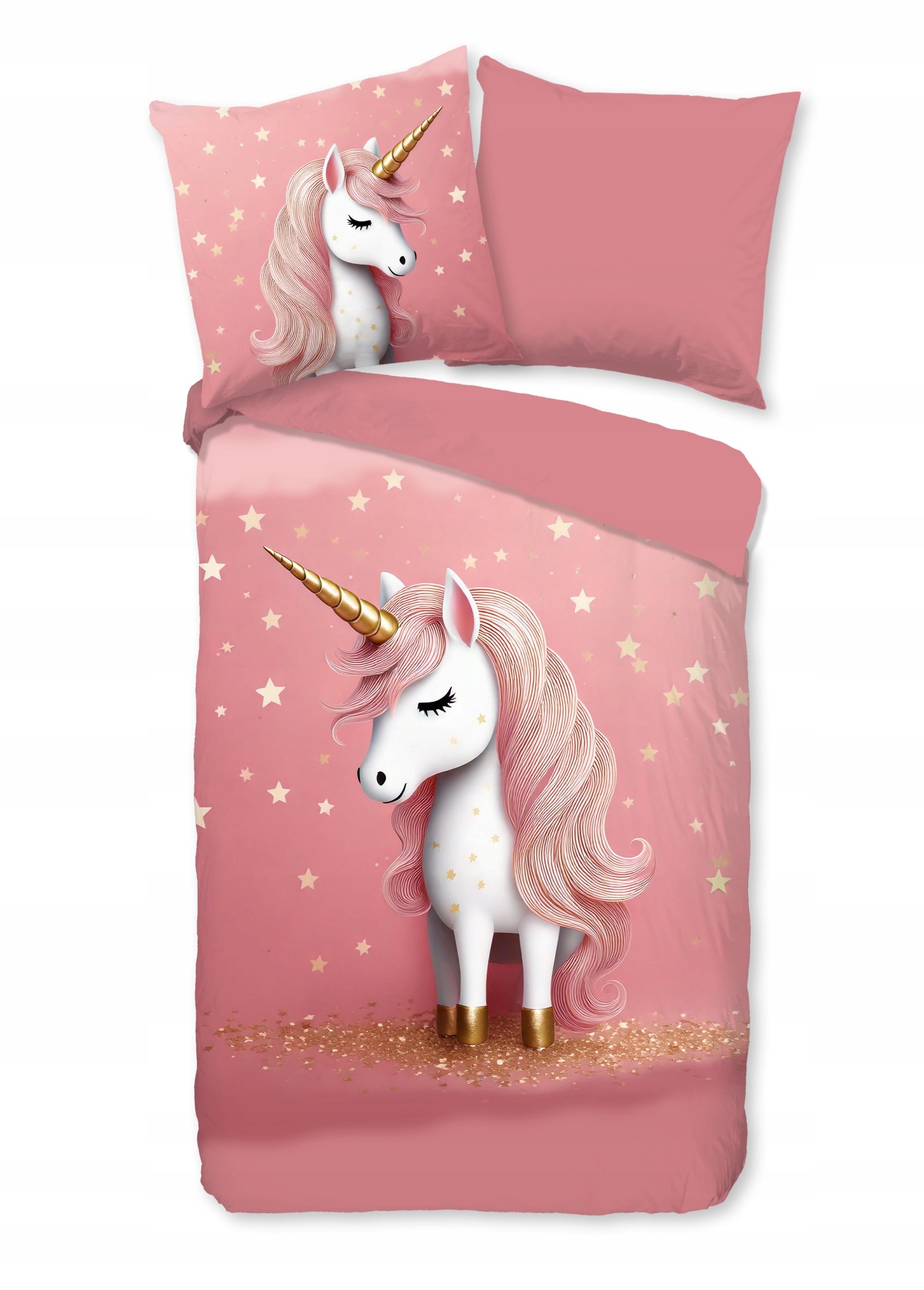 Pościel 135x200 Jednorożec złoty róg różowa mikrofibra dwustronna