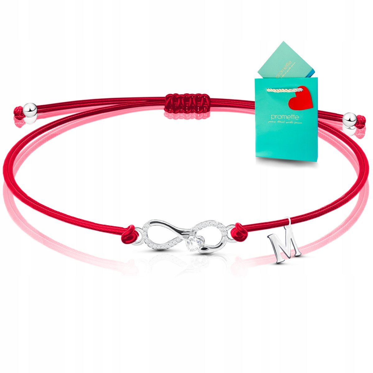 Bransoletka nieskończoność czerwona na szczęście damska z literką srebrna