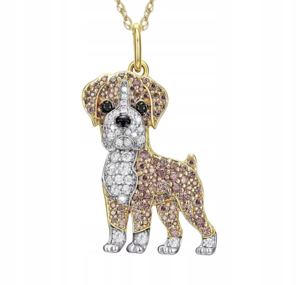 Naszyjnik Wisiorek Pies Rasa Psa Bokser z Diamencikami Kryształkami Złoty