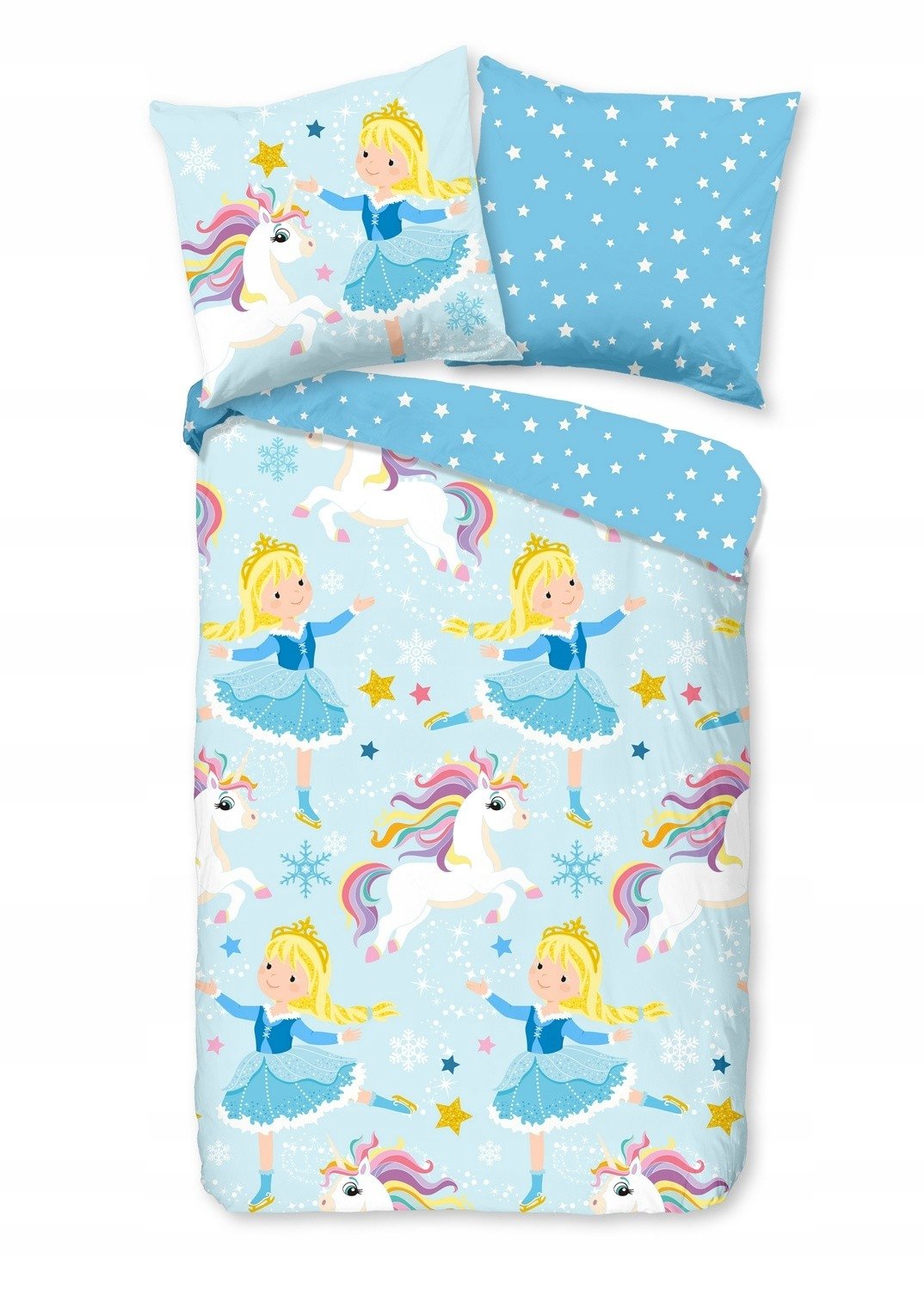 Pościel flanelowa 135x200 księżniczka koniki jednorożce błękitan dwustronna
