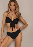Stroje kąpielowe - Czarne Bikini Majtki Figi Biustonosz z Wiązaniem i Kwiatowe Pareo Folanira - miniaturka - grafika 1