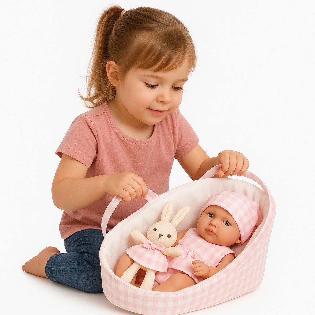 Lalka Bobas w Nosidełku z Maskotką Króliczkiem w Twardym Pudełku 30cm