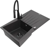 Zlewozmywaki z baterią - Mexen Cesar zlewozmywak granitowy 1-komorowy z ociekaczem i baterią kuchenną Aster, czarny nakrapiany - 6514-76-73450-70-B - miniaturka - grafika 1