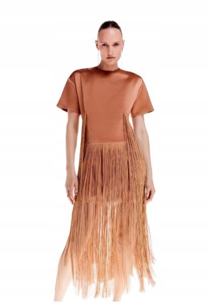 KAREN MILLEN BRĄZOWA SUKIENKA MIDI Z KRÓTKIM RĘKAWEM 36 B1C