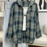 Koszule damskie - TEMU Damska kurtka w kratę - Luźny krój, bluzer z długim rękawem zapinany na guziki, materiał nierozciągliwy, falbanka dla krótkich kobiet, elegancka - miniaturka - grafika 1