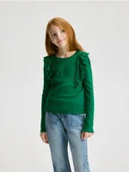 Bluzki dla dziewczynek - Reserved - Prążkowana bluzka z falbanką - zielony - miniaturka - grafika 1