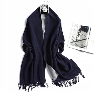 Szal szalik damski 100% kaszmirowy granatowy szary - Apaszki i szaliki damskie - miniaturka - grafika 1