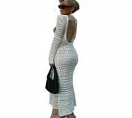 Bluzki damskie - SZYDEŁKOWA SUKIENKA PLAŻOWA MAXI BIAŁA HAFT GOŁE PLECY WIĄZANIE OZDOBA - miniaturka - grafika 1