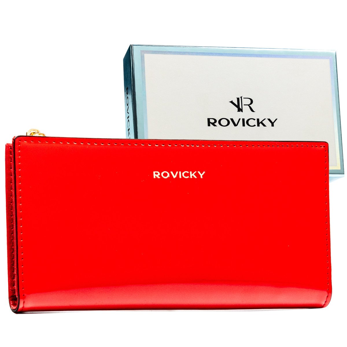 Portfel damski na karty ROVICKY duży ochrona RFID rozbudowany na zatrzask i suwak elegancki czerwony