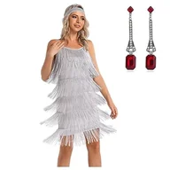 Sukienki - Sukienka damska Great Gatsby Flapper, spaghetti, z frędzlami, z opaską na czoło, elegancka sukienka mini, akcesoria na imprezę, strój kostiumowy, rozmiar M, szara - miniaturka - grafika 1
