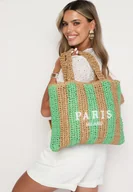 Torebki damskie - Zielono-Beżowa Torebka z Plecionki z Ozdobnym Nadrukiem "Paris Milano" Rivani - miniaturka - grafika 1