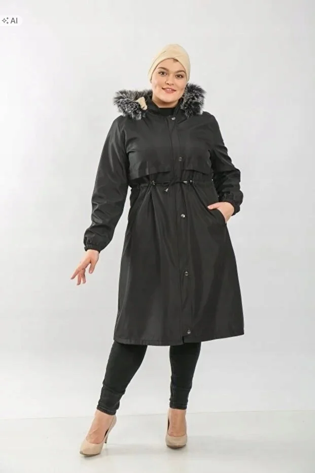 CZERŃ MATOWA PŁASZCZ Z KAPTUREM Z FUTERKIEM ELEGANCKI 3XL 5IA
