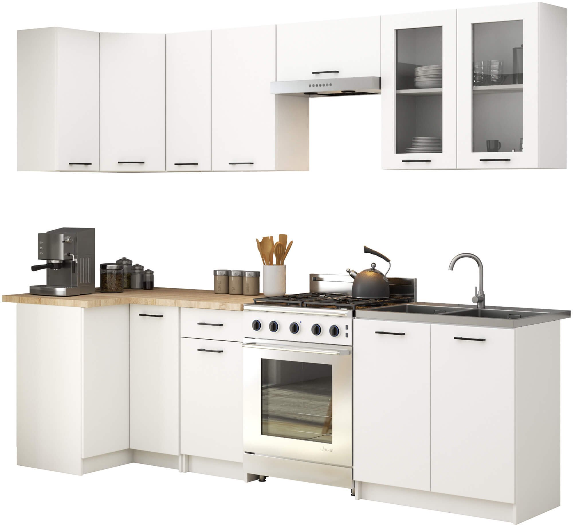 MEBLE KUCHENNE ZESTAW NAROŻNY Z WITRYNĄ OLIWIA 3M H720 BIAŁY