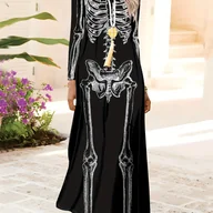 Sukienki - TEMU Wiosenno-jesienny styl: Sukienka z nadrukiem szkieletu, motylem i kluczem, elegancki styl wakacyjny, okrągły dekolt, długi rękaw - miniaturka - grafika 1