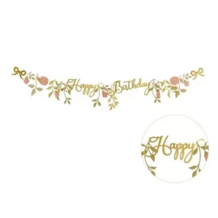 Baner Happy Birthday kwiaty różowo złote 1.3m - Dekoracje sali - miniaturka - grafika 1
