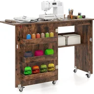 Biurka - Składany stół do szycia – 3 pojemniki i 1 półka do przechowywania – blokowane kółka do salonu, biura, pracowni, kolor brązowy rustykalny - miniaturka - grafika 1