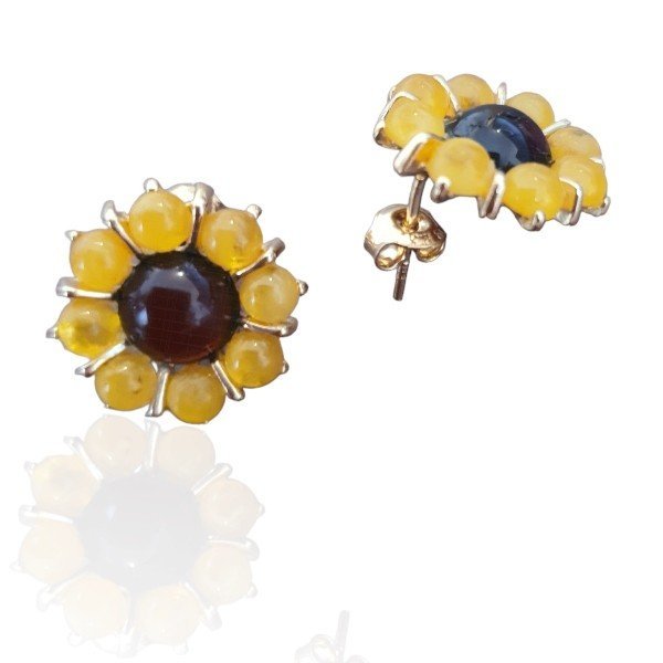 ankabizuteria.pl Kolczyki srebrne SŁONECZNIKI z bursztynem pozłacane