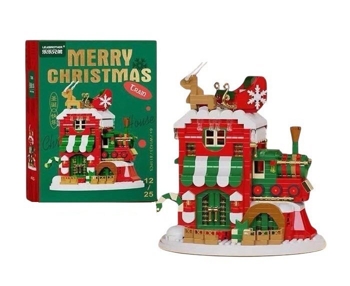 ŚWIĄTECZNY DOMEK Z LOKOMOTYWĄ I SANIAMI Z KLOCKÓW – 811 ELEMENTÓW, ZESTAW MERRY CHRISTMAS DLA DZIECI 6+