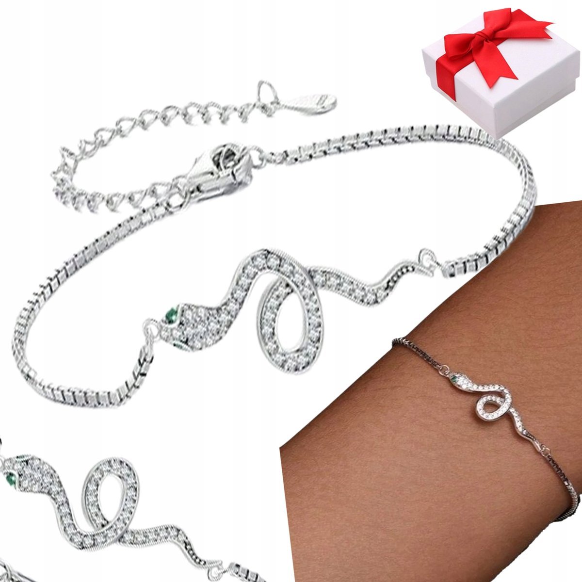 BRANSOLETKA WĄŻ srebrna Celebrytka cyrkonie SREBRO s925 +pudełko